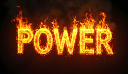 Powerful text POWER engulfed in golden and red flames with intense fiery glowの素材