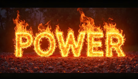 Striking text POWER forged in fire, blazing with golden and red flamesの素材