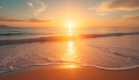 Stunning beach at sunset with golden light reflecting on gentle wavesの素材