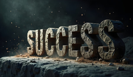 Textured stone text SUCCESS with a rugged and powerful appearanceの素材