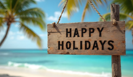 Wooden signboard with HAPPY HOLIDAYS etched into its textured surface, hanging near tropical beachの素材