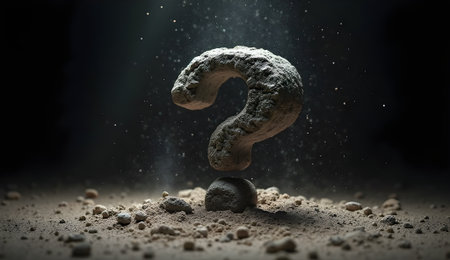 Textured stone question mark emerging from darkness with dramatic lightingの素材