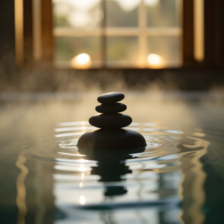 Tranquil spa setting with Zen stones on reflective water surface surrounded by soft mistの素材