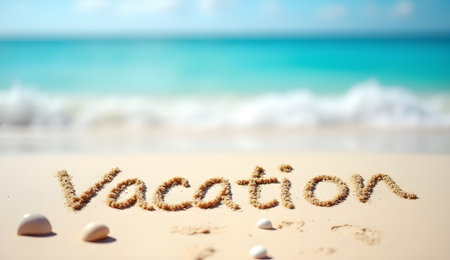 Vacation carefully etched into the smooth sand of a beachの素材