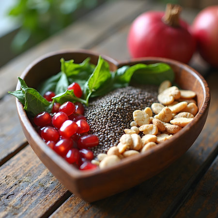 Bowl of superfoods with chia seeds pomegranate nuts and leafy greens in closeupの素材