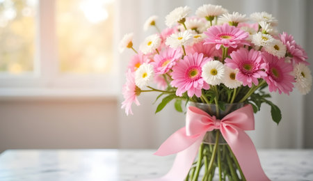 pink and white flower bouquet with satin ribbon on soft blurred backgroundの素材