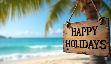 Vintage wooden signboard with HAPPY HOLIDAYS etched into textured surface, hanging near tropical beachの素材