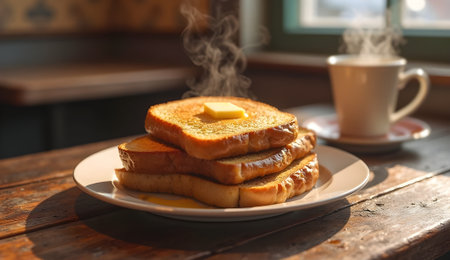 Warm toast with coffee on rustic wooden table in morning lightの素材