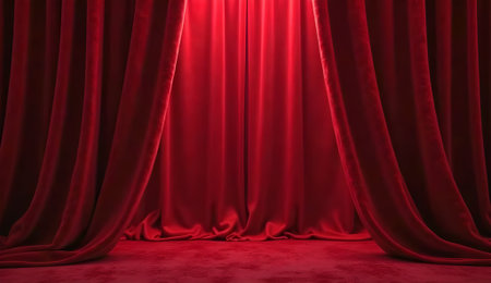 Luxurious red velvet curtain creates elegant backdrop with soft lightingの素材