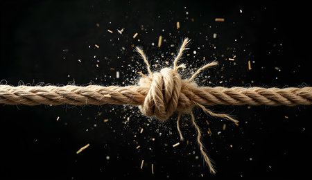 Rope breaking apart violently with fiber strands flying outward under tensionの素材