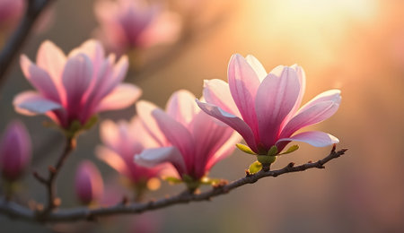 Slender branch carries pink magnolia flowers in a serene elegant settingの素材