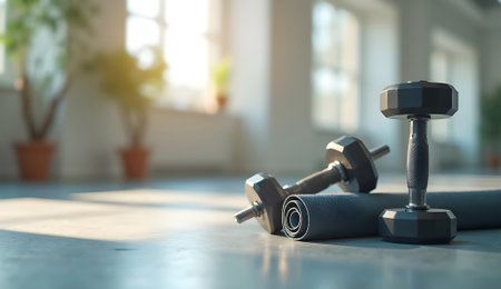 Dumbbells and yoga mat on gym floor in soft natural lightの素材