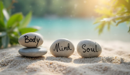 Body mind soul written on smooth stones in zen garden with calm and balanced settingの素材