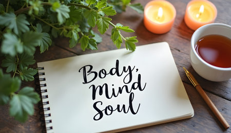 Body mind soul written on notepad with tea candles and plants in cozy sceneの素材