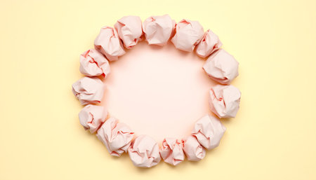 Circular arrangement of crumpled light pink paper balls set against a soft pastel yellow background.の素材