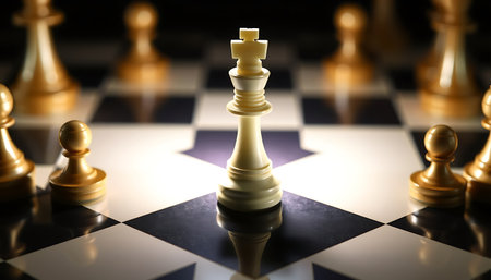 Ivory chess king stands tall on a reflective board, surrounded by golden pawns in soft light.の素材