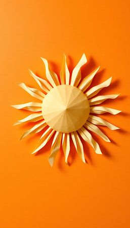 A stylized paper sun shines bright, centered on an orange background casting soft shadows around it.の素材