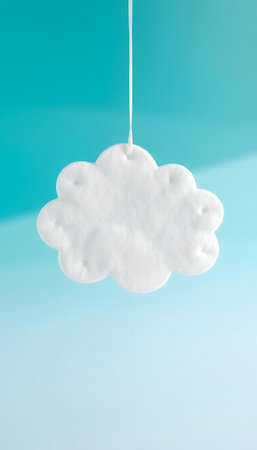 Hanging white cloud ornament against a light blue gradient background creating a soothing ambiance.の素材