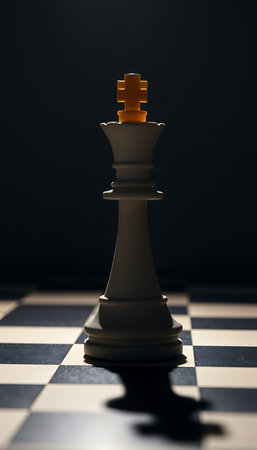 A lone chess king piece stands tall on a checkered board in a dramatic, shadowed, studio setting.の素材