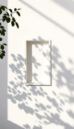 Minimalist aesthetic of sunlight and leaf shadows on a white wall with a recessed window frame.の素材