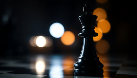 A solitary black king chess piece stands on a reflective board against a bokeh background.の素材