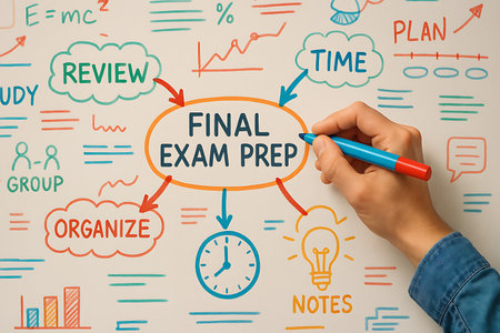 Hand draws colorful mind map for final exam preparation on a white board with marker and doodles.の素材