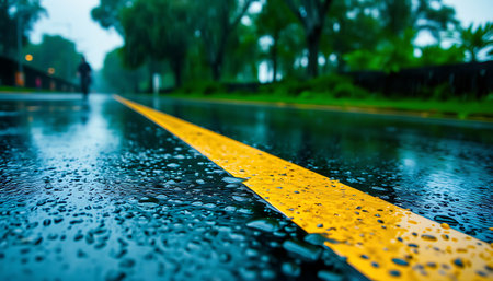 A single person walks down a dark, wet road that has a bright yellow line on a rainy dayの素材