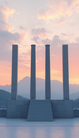 A serene architectural vision of geometric pillars and stairs against a pastel sky backdrop.の素材