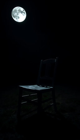An empty chair sits alone silhouetted against the night, illuminated by a serene, full moon glow.の素材