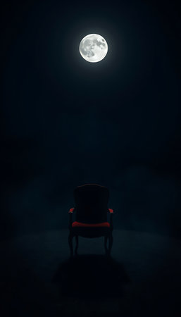 Eerie ambiance of a red chair bathed in moonlight, creating a surreal and captivating scene.の素材