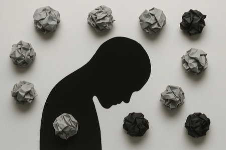 Silhouette of a person's head bowed down surrounded by crumpled paper balls showing despairの素材