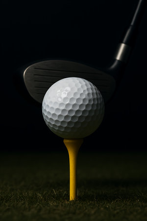 Golf ball balanced on a yellow tee with a golf club blurred in background for a dramatic effect.の素材