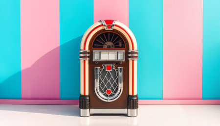 Vintage jukebox with retro red and cream accents stands against a pink and turquoise wall backdrop.の素材