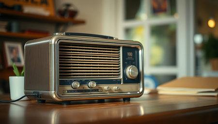 A vintage-style radio sits on a wooden desk in a softly lit room, evoking a sense of nostalgia.の素材
