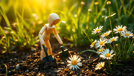 Wooden figure is planting flowers in the garden at sunset, using a shovel and hand tool.の素材