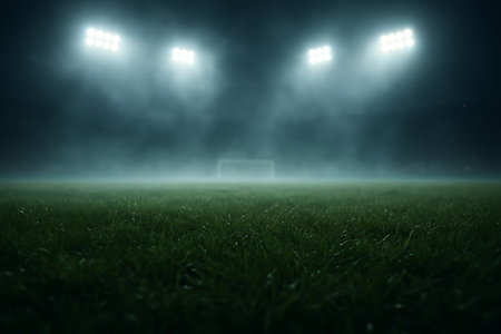 A vivid, atmospheric capture of an empty soccer field shrouded in mist beneath stadium floodlights.の素材