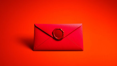 Vibrant red envelope sealed with wax sits against a matching backdrop under soft studio lighting.の素材