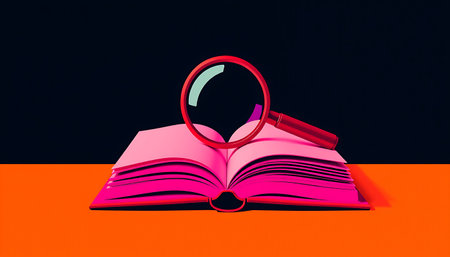 A vibrant, abstract image shows an open book with pages a pink and a magnifying glass over it.の素材