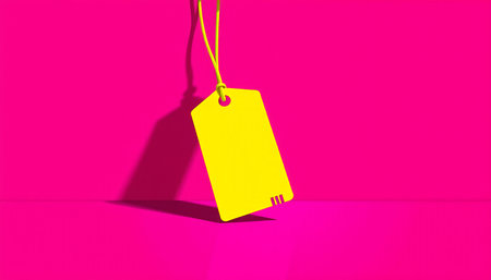 Bright yellow tag hangs against a vibrant pink background, casting a soft shadow on the surface.の素材