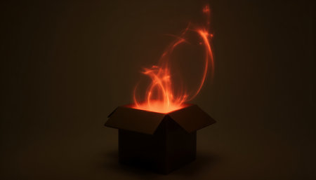 A cardboard box emits bright orange, glowing streams of light in a dark, mysterious ambiance.の素材
