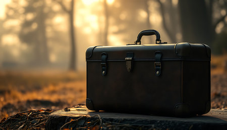 Vintage suitcase rests on a wooden stump amid a tranquil golden forest atmosphere, evokes a journey.の素材