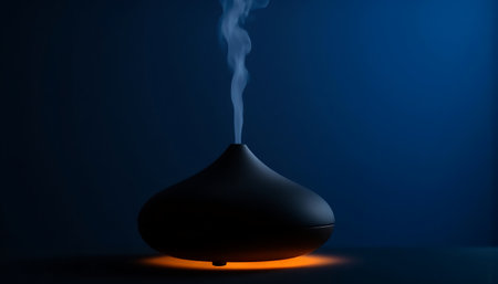 Elegant diffuser emits a wisp of aromatic vapor against a deep blue background, promoting calm.の素材
