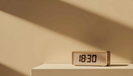 Digital clock displays 18:30 with shadow on beige wall creating a modern minimalist scene.の素材