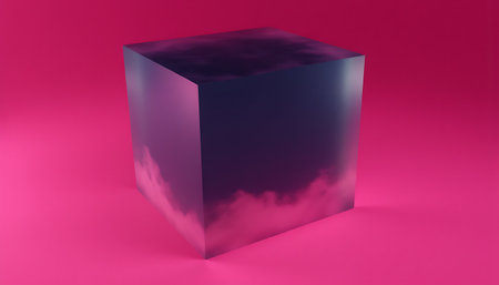 Abstract cube with clouds, evokes a sense of wonder, rendered on a solid pink background.の素材