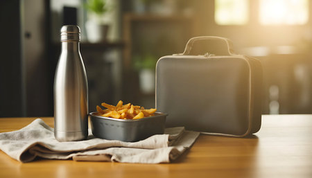 Inviting lunch scene with metallic water bottle, fries, and a stylish lunchbox on a wooden tableの素材