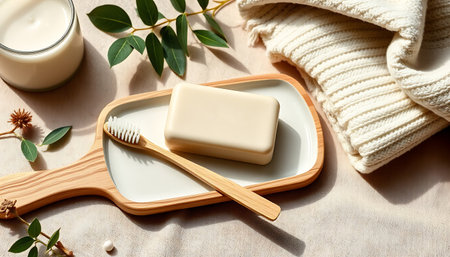 Warm, serene image featuring a bar of soap, toothbrush and eucalyptus leaf on a wooden tray.の素材