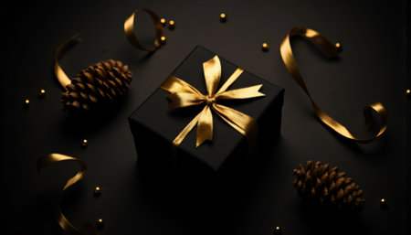 Elegant black gift box with golden bow, ribbons, pine cones, and beads against a dark backdrop.の素材