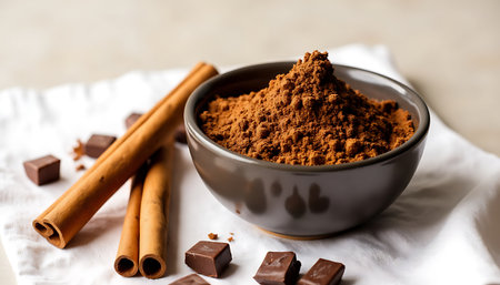 A bowl of cocoa powder is staged with chocolate squares and cinnamon sticks on a white cloth.の素材