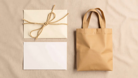 Craft envelope tied with twine, plain card, and a tan tote bag on a textured fabric backgroundの素材