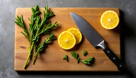 Overhead shot showcasing vibrant lemons, fresh herbs, and a sharp knife on a wooden board.の素材